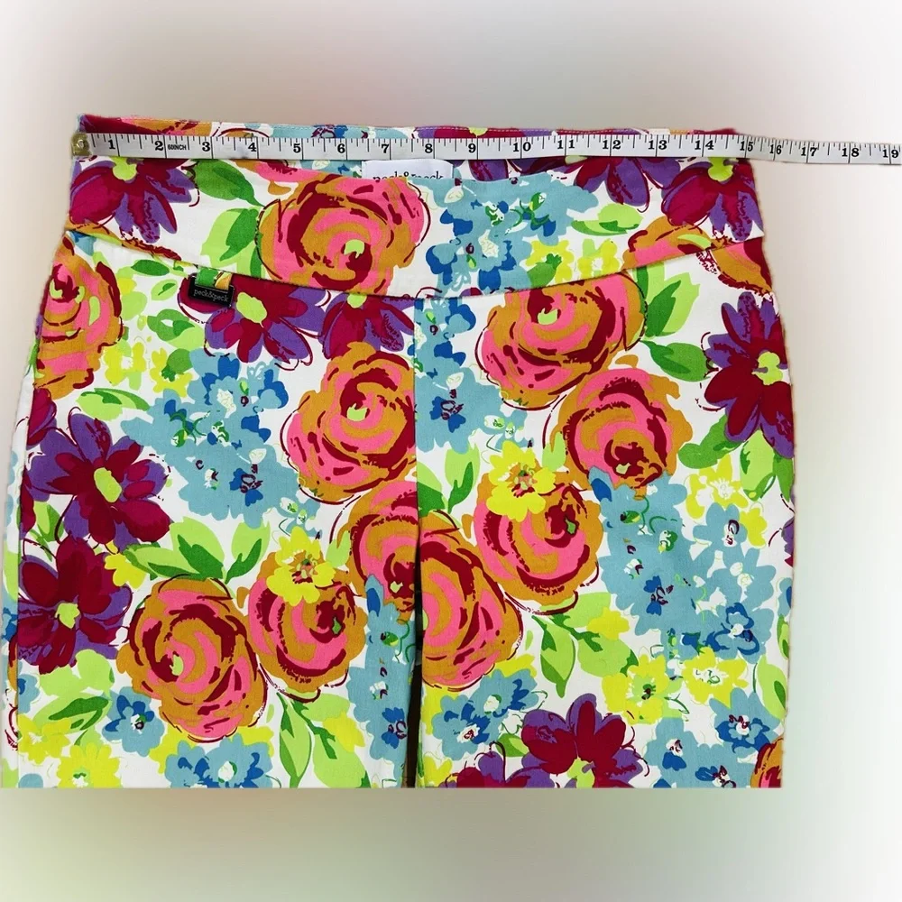 LN Peck & Peck SZ 8 White Floral Cropped Multi-Color Pull-on Pants/waist 30”-34” - Picture 6 of 8